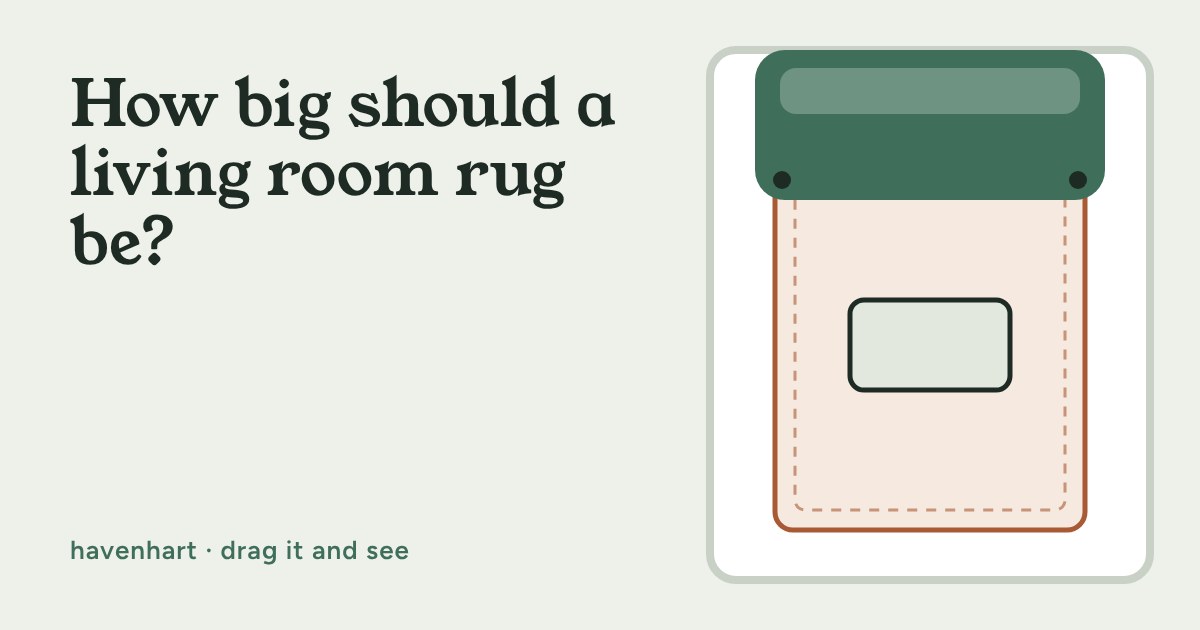 Top-down drawing of a green sofa on a peach rug with a coffee table, framed like a room plan