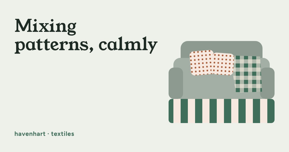Illustration of a sofa with a striped rug, a checked throw and polka-dot cushions
