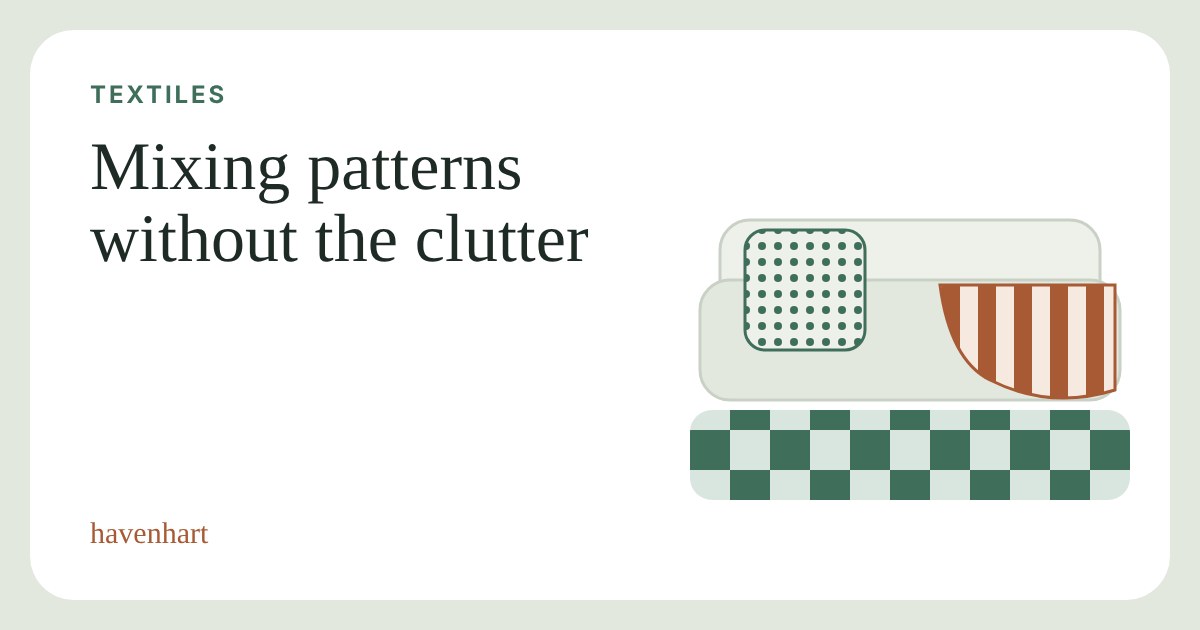 Illustration of a sofa with a large green check rug, a terracotta striped throw and a small dotted cushion