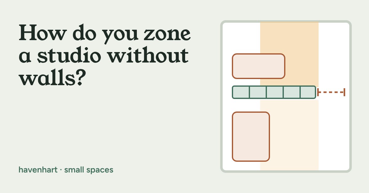 Top-down plan of a studio: a sofa and a bed separated by an open shelf divider with a gap at the end and daylight from the top