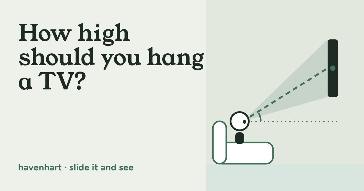 A person sitting on a sofa looks up along a dashed line at a TV mounted high on a wall, with the tilt angle marked