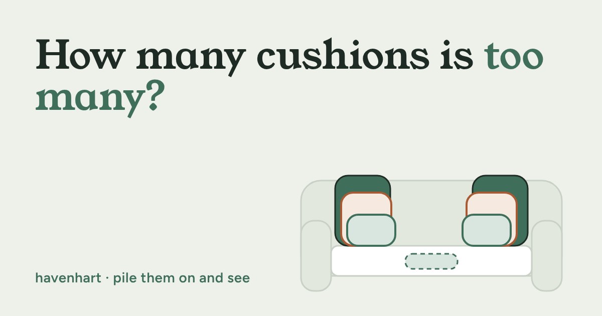 A sofa seen from the front with stacked cushions in each corner and a dashed strip of free seat between them