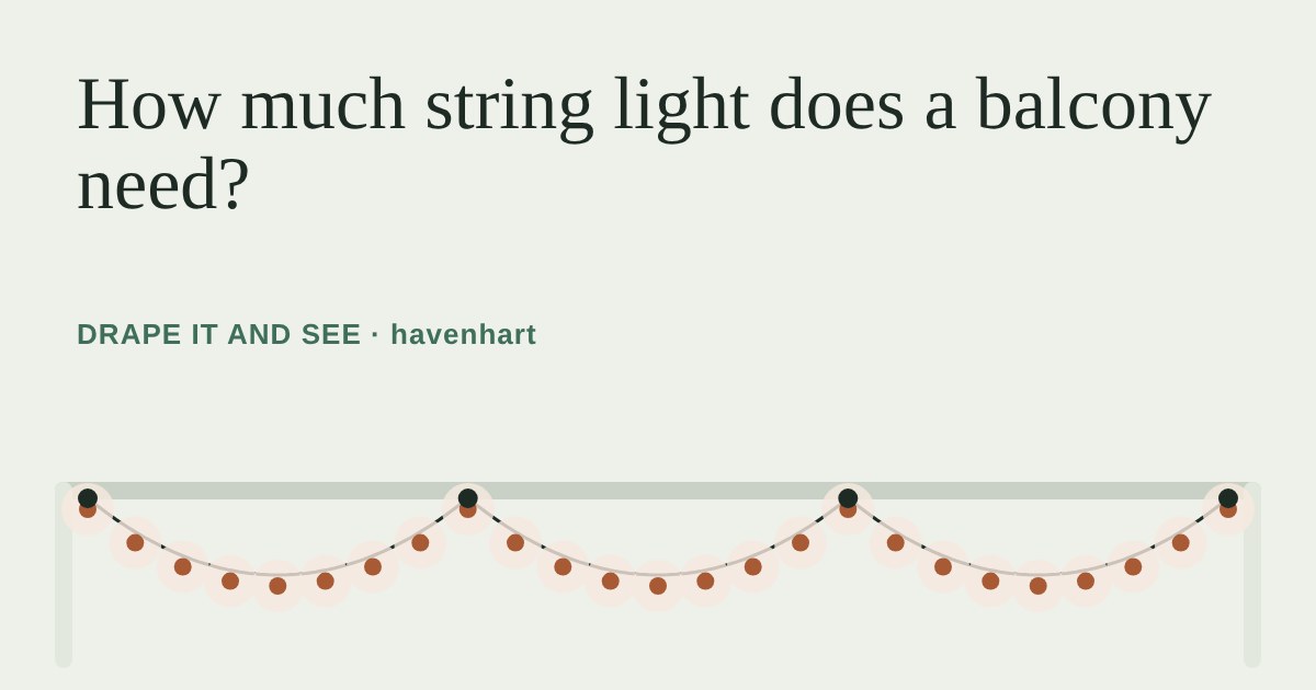String lights draped in three swags between hooks along a balcony railing