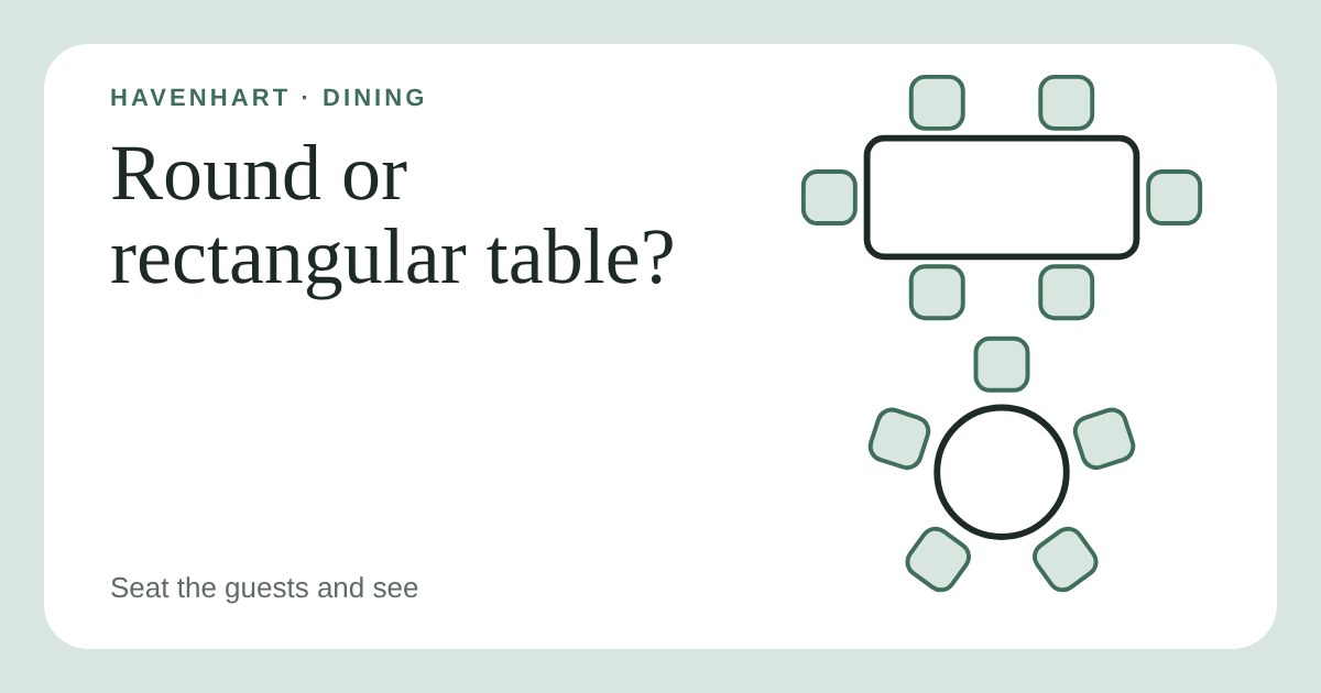 Top-down drawing of a rectangular table with six chairs and a round table with five chairs
