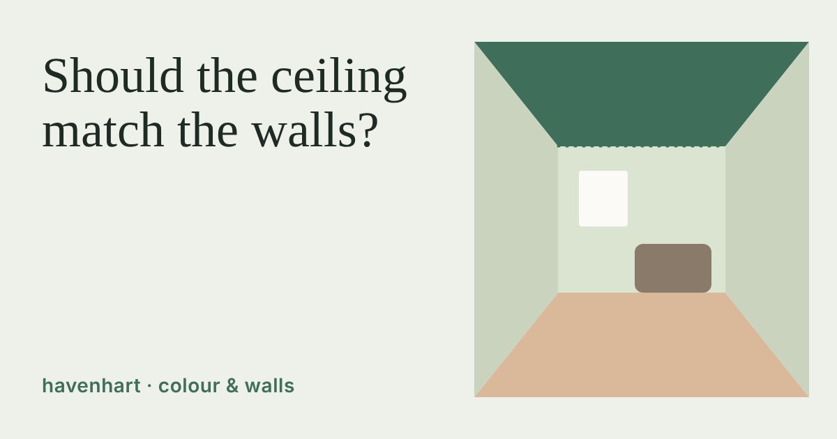 A simple room seen from the doorway with a deep green ceiling, pale sage walls and a warm floor