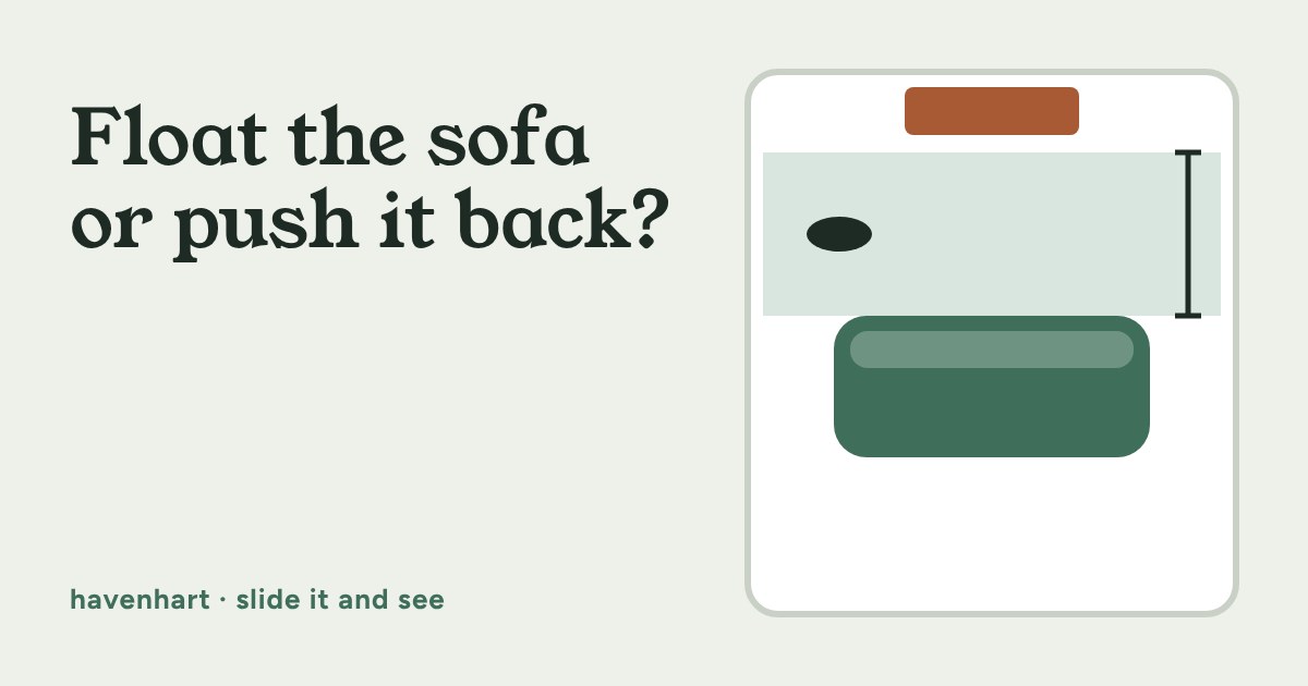 Top-down plan of a sofa pulled away from the back wall, with a walkway and a console table behind it
