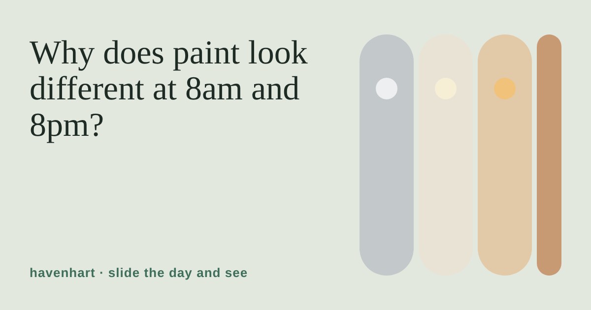 Four tall rounded panels shifting from cool grey to warm peach, each with a sun that grows warmer through the day