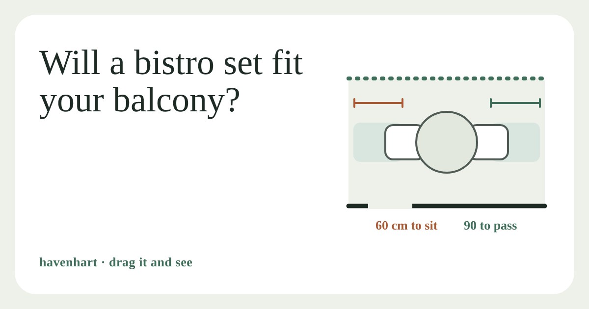 Top-down balcony plan with a round bistro table, two chairs at the ends and dimension marks for 60 cm to sit and 90 cm to pass