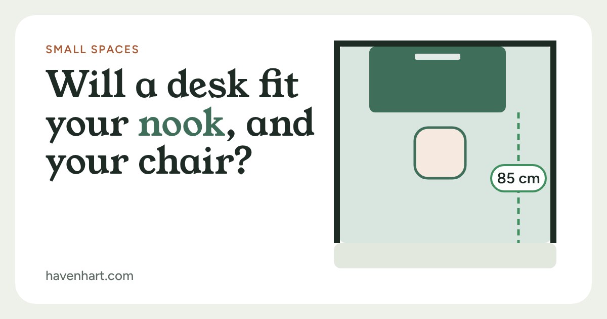 Top-down plan of a desk against a wall, a chair, and an 85 cm gap behind the desk