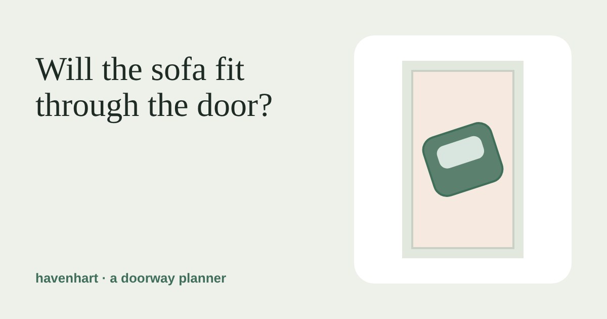 A sofa's end view turned at an angle inside a tall doorway outline