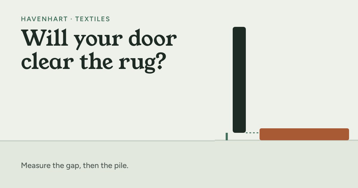 Side view of a door hanging just above a terracotta rug on a sage floor, with the gap under the door marked