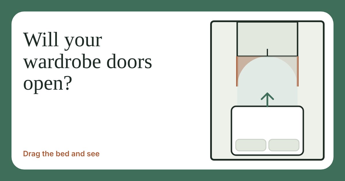 Top-down plan of a wardrobe with its doors swung open and a bed being dragged towards it